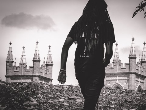 An image of a person of color with long braids walking away from the camera towards what appear to be large castles in the distance.