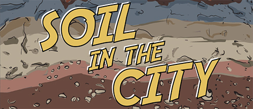The logo for Soil In The City, which features said title in yellow against a background of the layers of soil one may find outside.