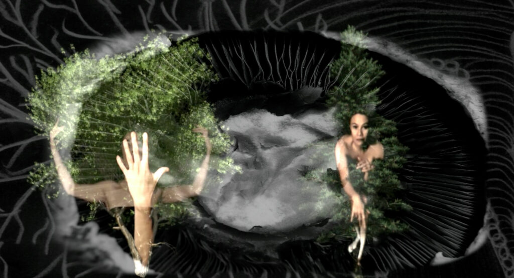 A digital art piece featuring a woman and some greenery.