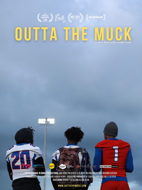 The film poster for Outta the Muck, featuring the back of three people of color all wearing varying football jerseys. 