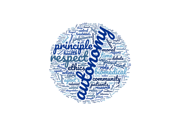 A blue, circular graphic with a word cloud with "autonomy" appearing as the largest word.