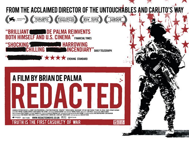 Print poster of Redacted. Black-inked solider standing with rifle. "REDACTED" in red-inked bold letters.
