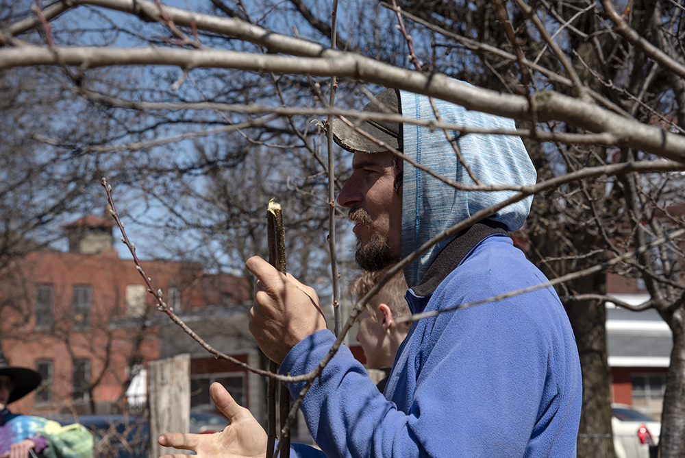 An action shot of a man working on a tree