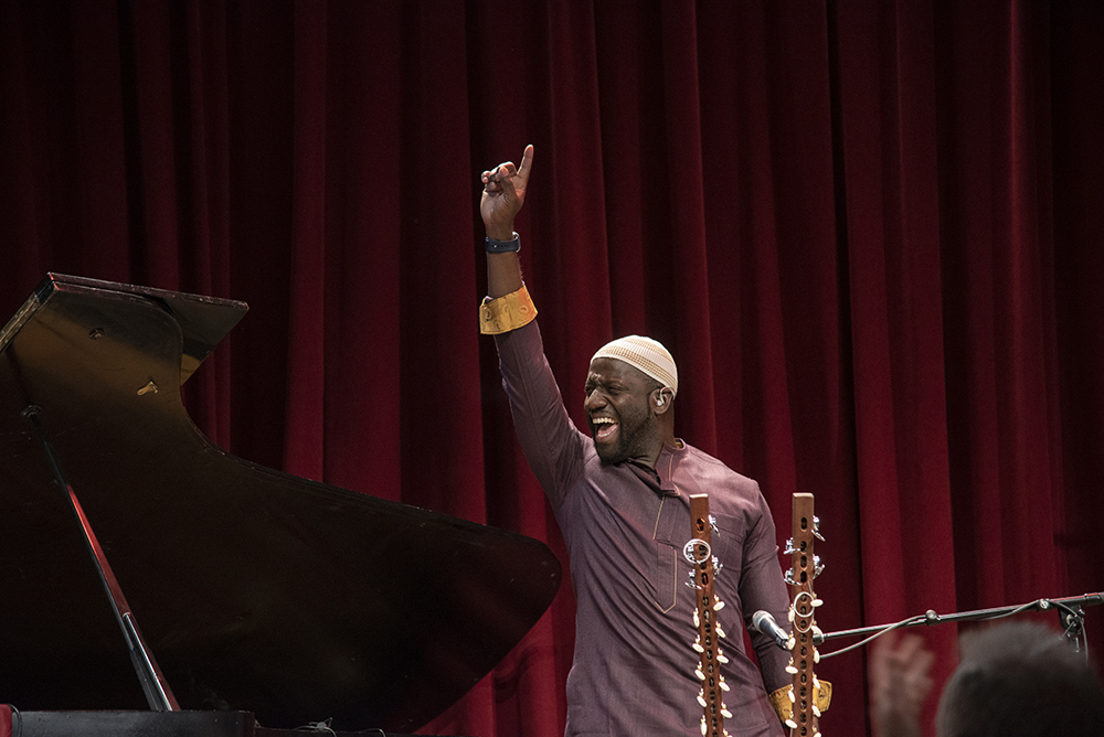An action shot of Seckou Keita playing the Kora. (Hand raised in air and shouting something)