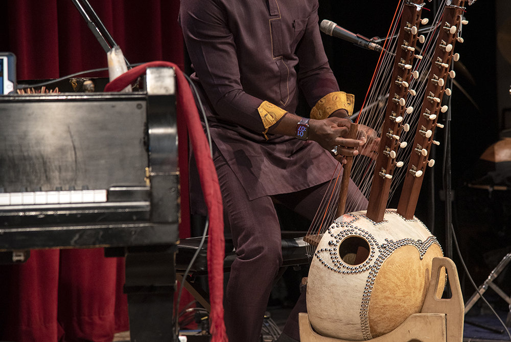 An action shot of Seckou Keita playing the Kora. (Close up of instrument)