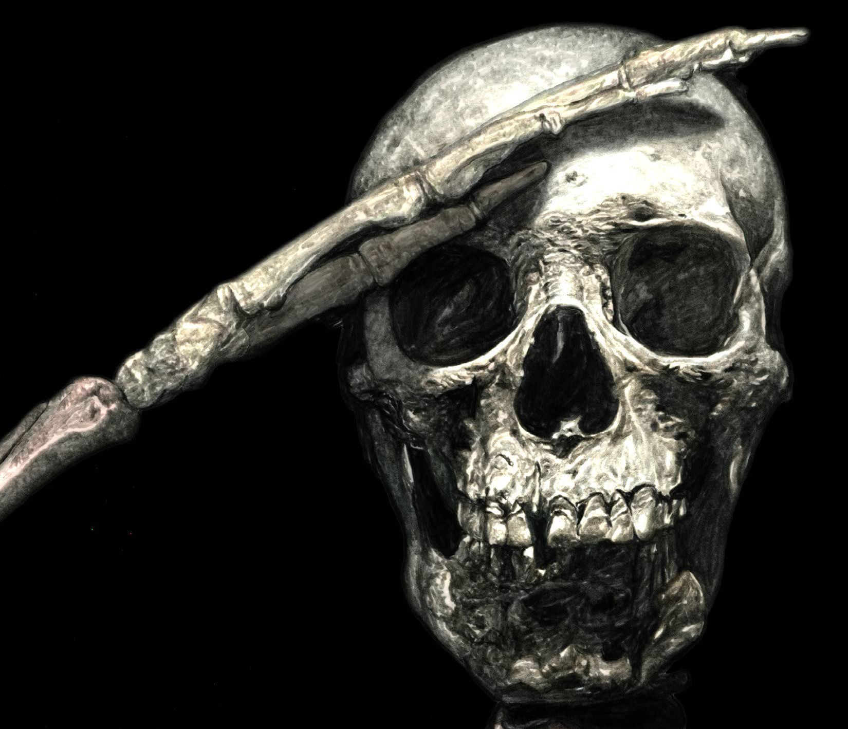 A realistic illustration of a skull with the skeletal hand at its forehead in salute