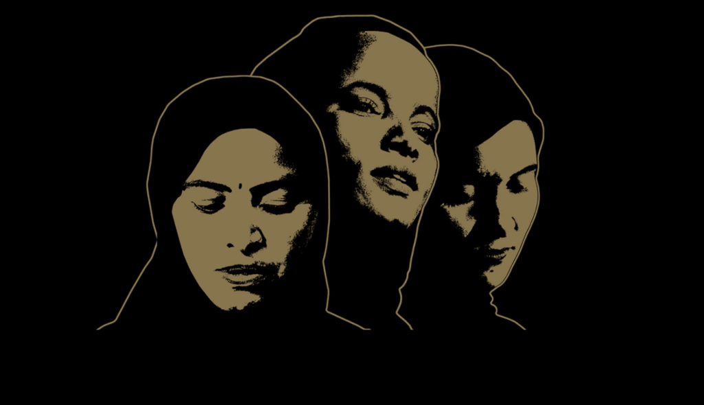 Black and brown image of outlines of the band members faces.