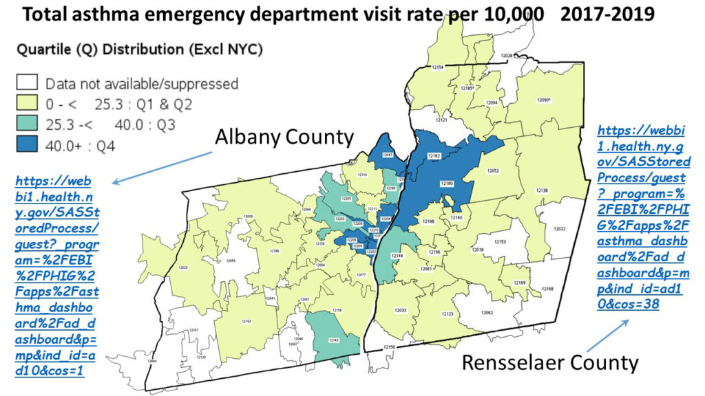 Heat map displaying asthma emergency department visits for 2017-2019 across Albany and Rensselaer counties in upstate New York. There pattern of 40+ visits per 10,000 population along the Hudson River. 