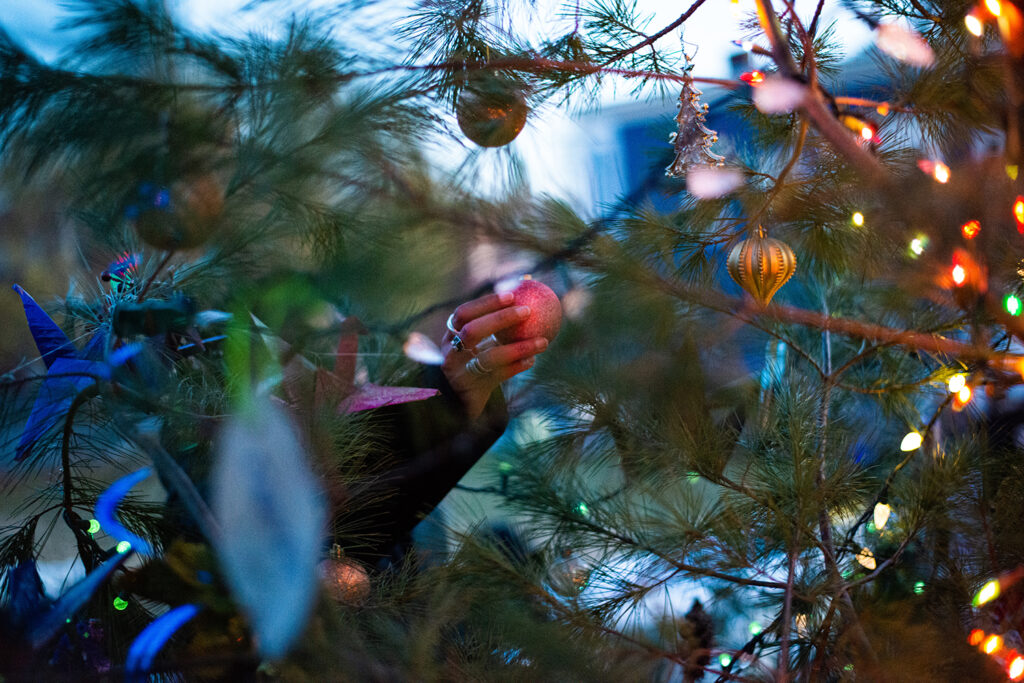 A colorful image of an evergreen tree decorate with ornaments and lights, with a hand reaching up to grab one of the ornaments. The hand belongs to a person of color and has silver rings.