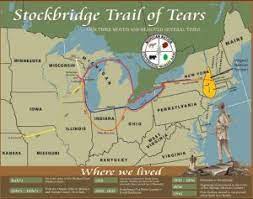 A map of the northeastern and midwestern United States labeled "Stockbridge Trail of Tears." Mohican homelands, covering parts of eastern New York as well as the western fringes of Vermont, Massachusetts, and Connecticut, are labeled in yellow. The Stockbridge Trail of Tears leads to the current site of the Stockbridge-Munsee tribe in eastern Wisconsin. 