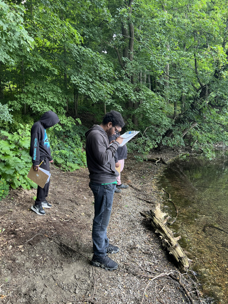 Three adolescents stand on a wooded shoreline, making observations and taking notes. 