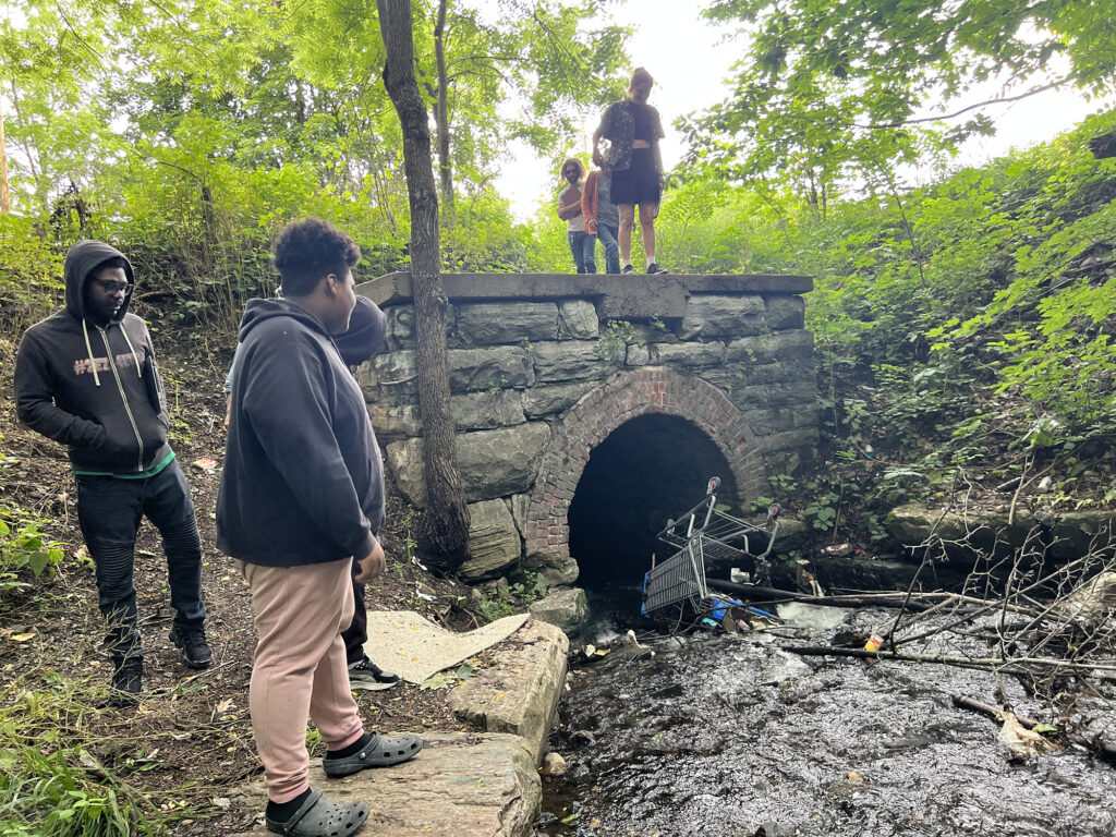 Five people stand at a culvert through which a stream flows. They are looking at a shopping cart that is situated at the mouth of the culvert. 