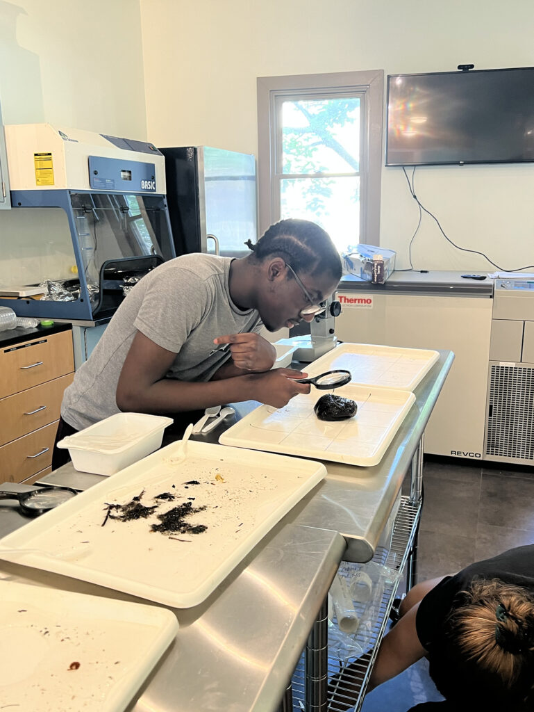 A young Black man with cornrows examines an object with a magnifying glass in a lab setting. 