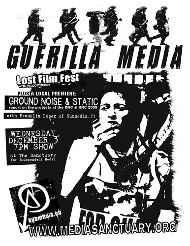 Event flyer in Black and White with armored police team running across the top and an activist speaking into a phone in the center. Event details from the description are on the flyer.
