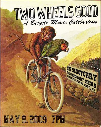 Event flyer. Illustrated Monkey and parrot steering a white bike down a mountain. Includes the event details as written in the description.