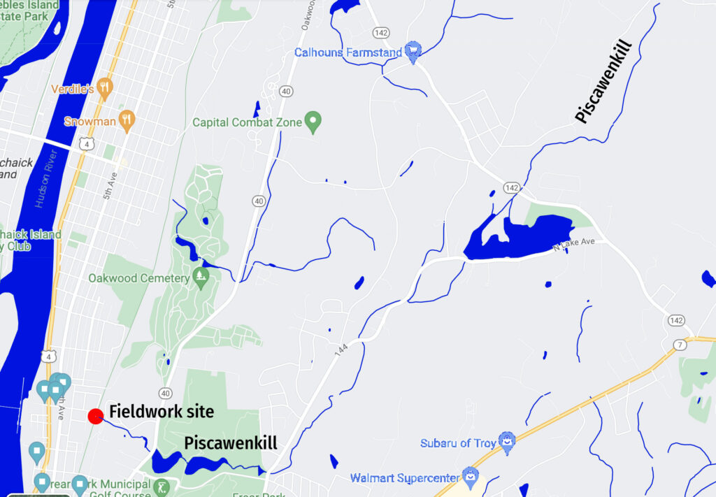 A map of the Piscawenkill stream, which flows southwestward into the city of Troy. The visible part of the stream ends at the fieldwork site in north-central Troy. 