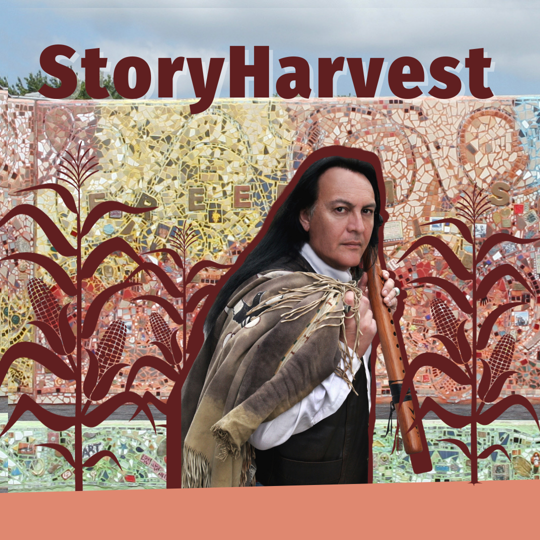 Bill Miller is superimposed in the foreground in front of Freedom Square and dark red graphics of corn stalks. At the top it says "StoryHarvest" in dark red.