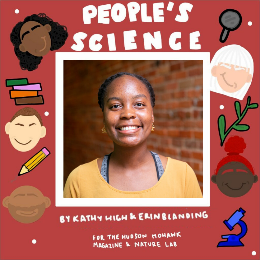 a Smiling picture of Erin Blanding is framed by the trandemark border of the series with illustrations of science objects and people heads of various genders and ethnicities.