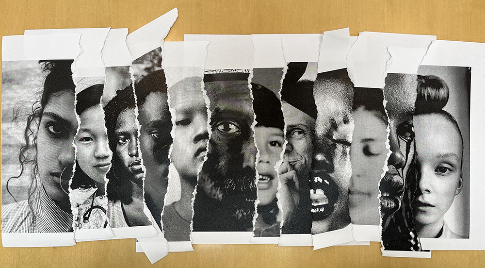 black and white printed portraits of faces, ripped  into half faces and played horizontally next to each other.
