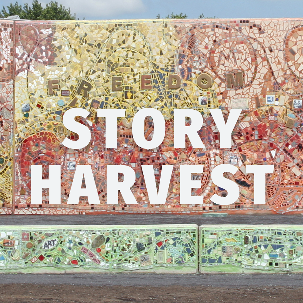 "Story Harvest" in white capital letters over a photo of the newly built Freedom Square with mosaics, mirrors, tiles, and lot of color