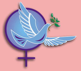 Women Against War logo with a blue peace dove in front of a symbol for women and a pink background