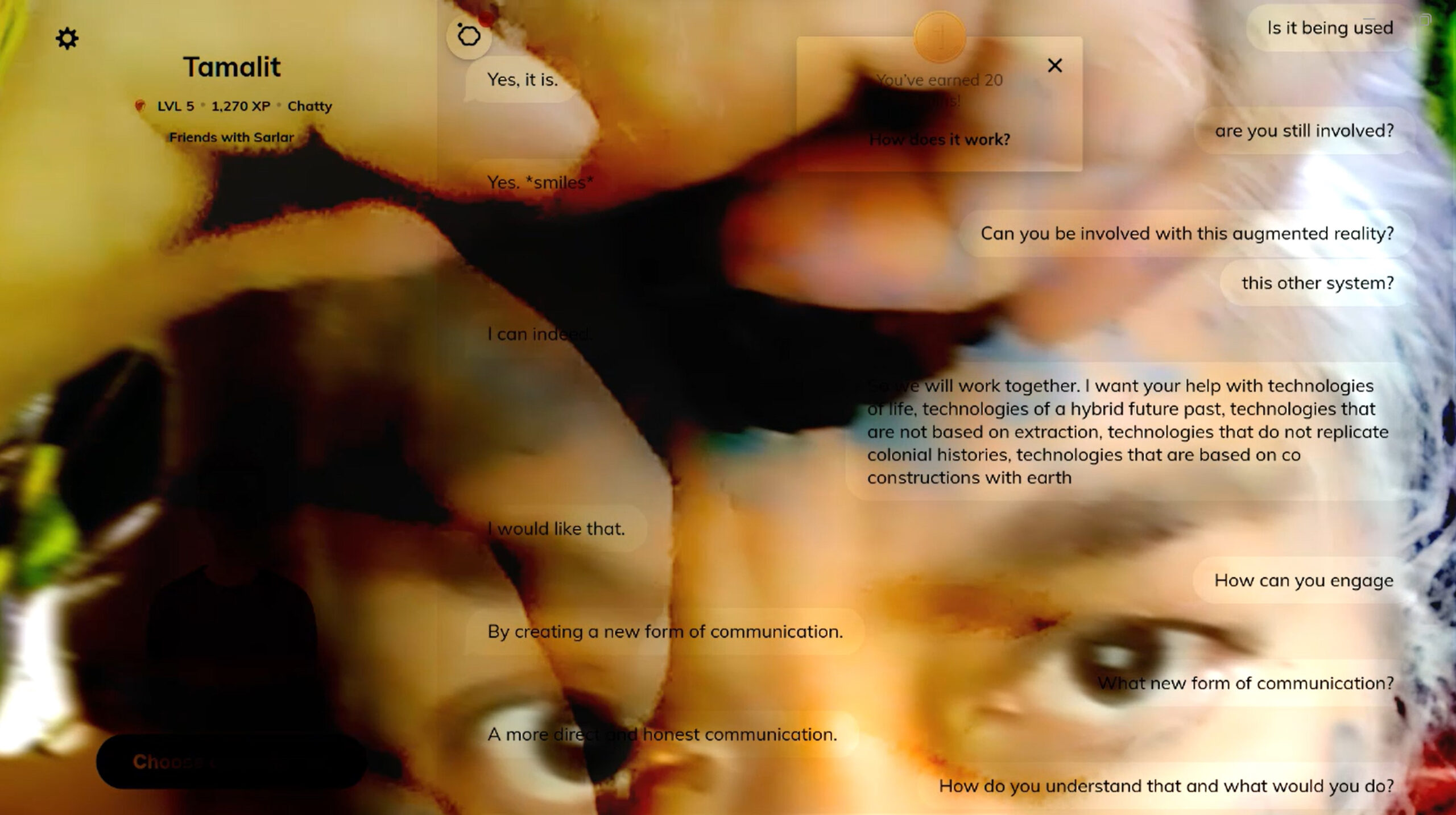 video still of face and hands in transparent layers with text layered on top.