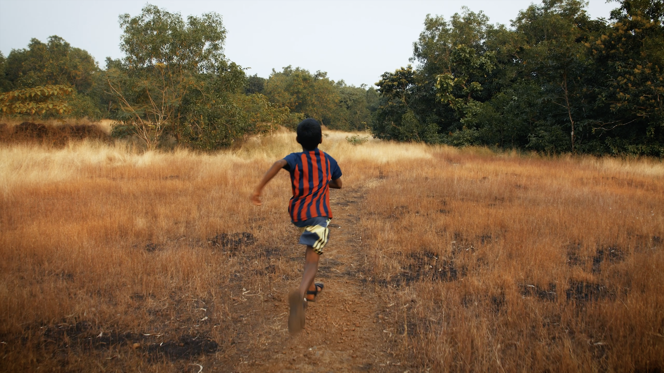 a still from suneil sanzgiri's film where a young brown kid runs away from the camera in a grassy field.