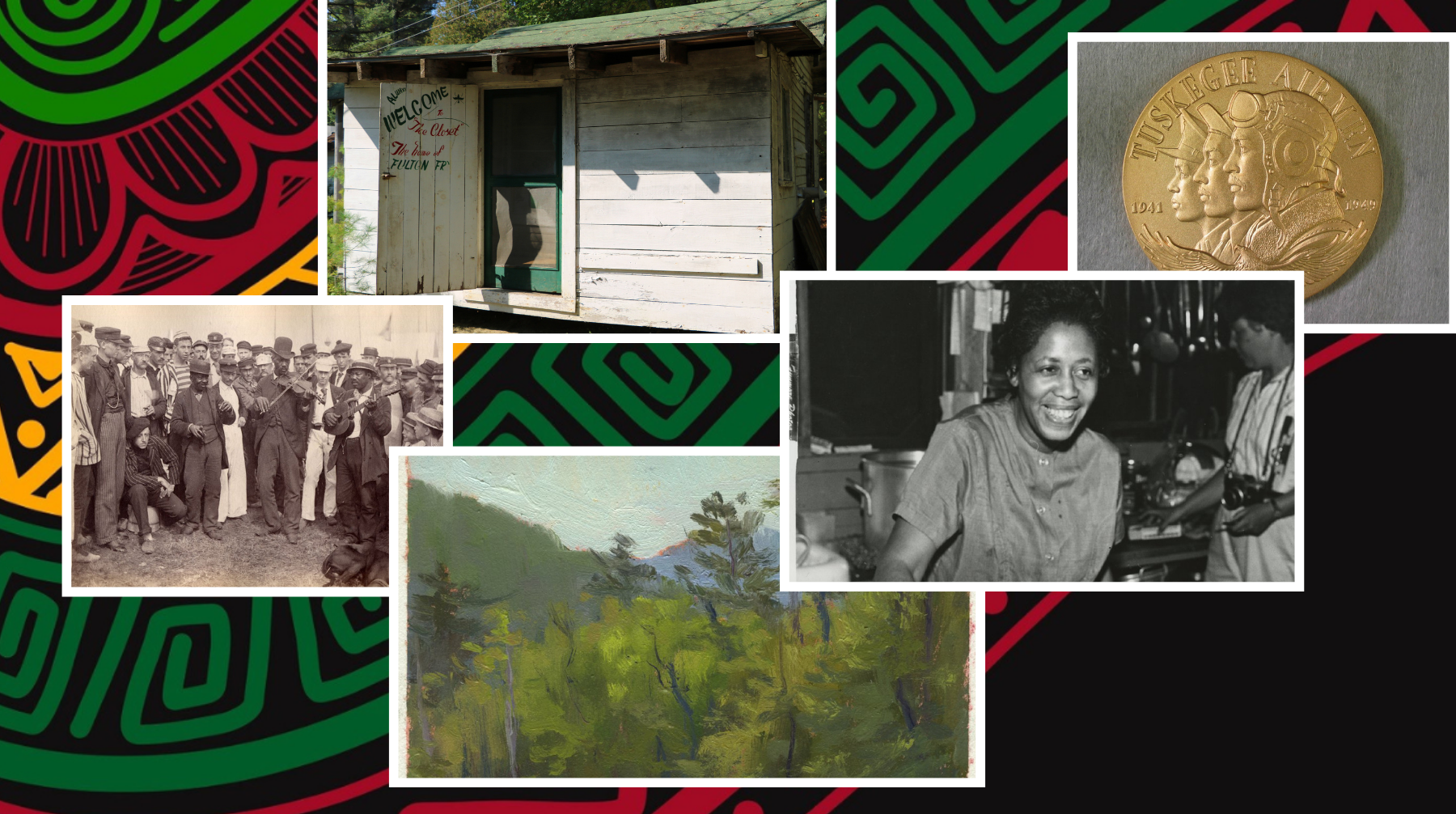 the graphic has a patterned background with red, green, yellow, and black. In the foreground are a few images: two photographs showing Black people, a painting, a Tuskeegee Airforce coin, and a painted hut