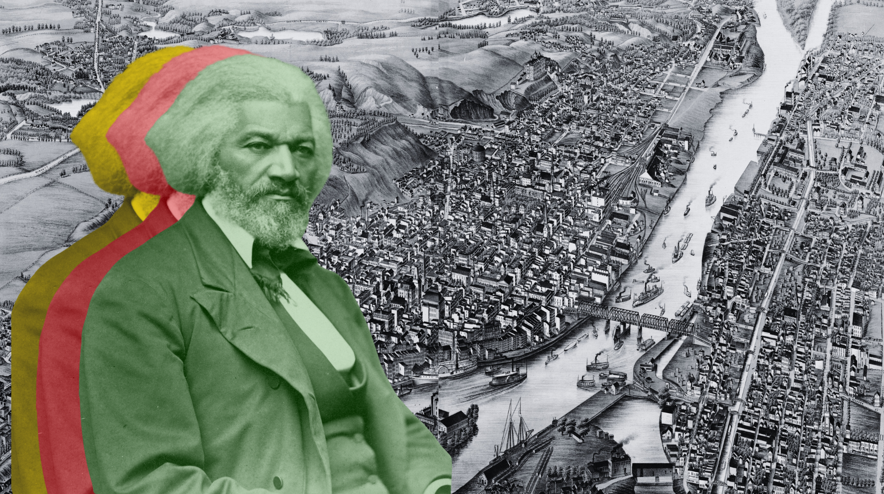 an old map of Troy from 1881 is black and white in the background with an image of Frederick Douglass in the front with tinting in green, red, and yellow