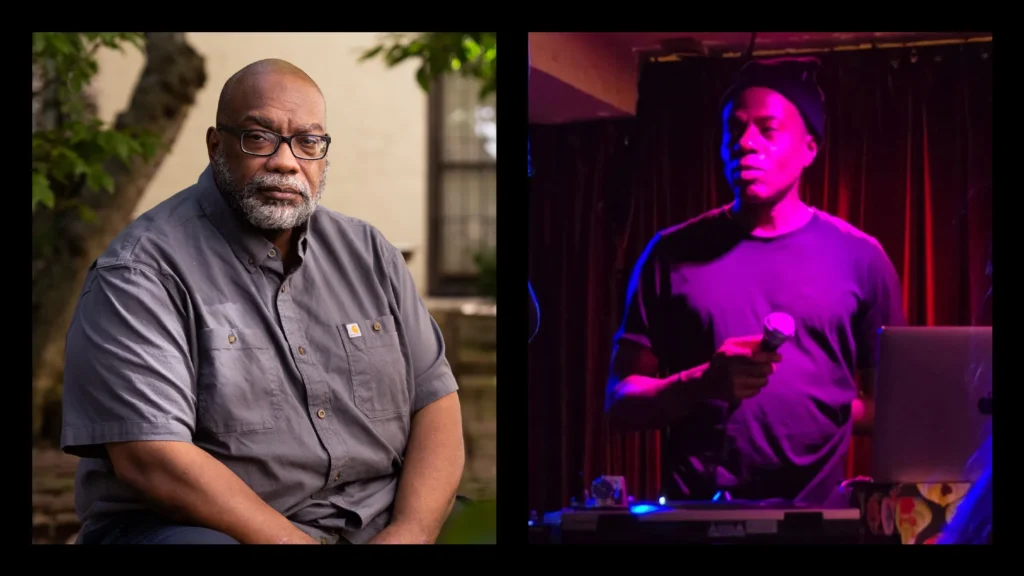 two images linked with black frames. At the left is Edward George, outside and looking at the camera. At the right is Fred Moten in an indoor setting, bathed in magenta light.