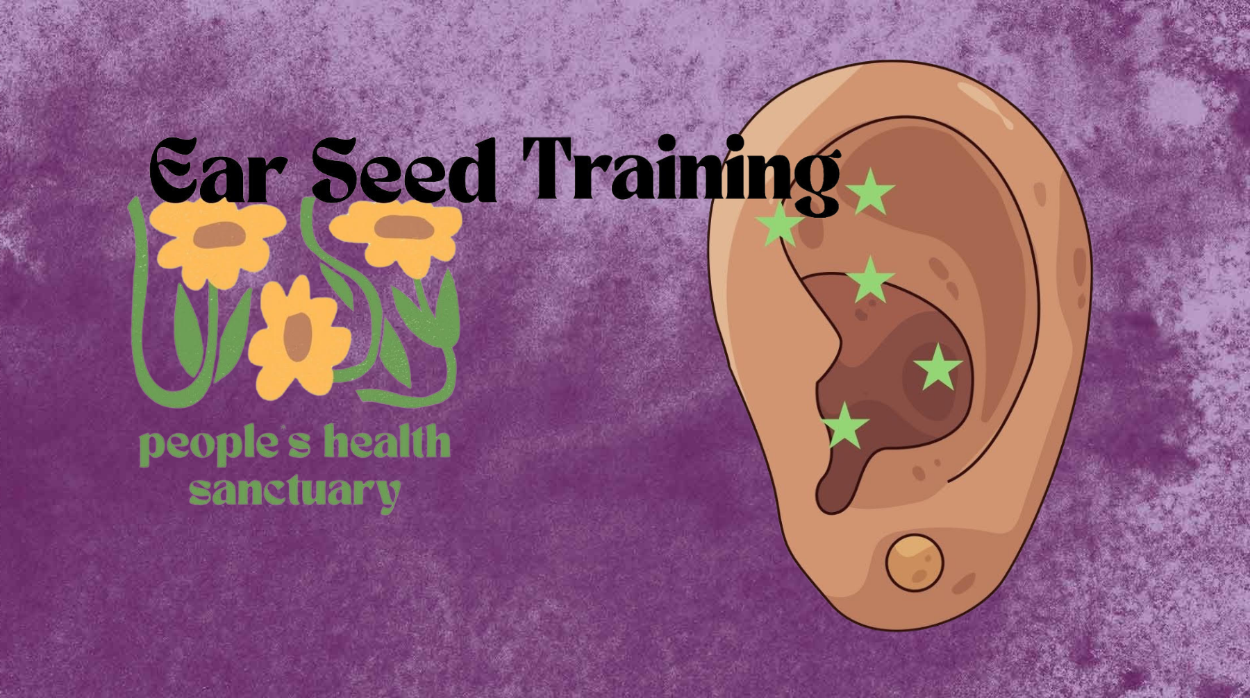 At the right is an illustration of an ear with green stars over acupressure points. At the left is the text Ear Seed Training with the PHS floweer logo. The background is a purple texture