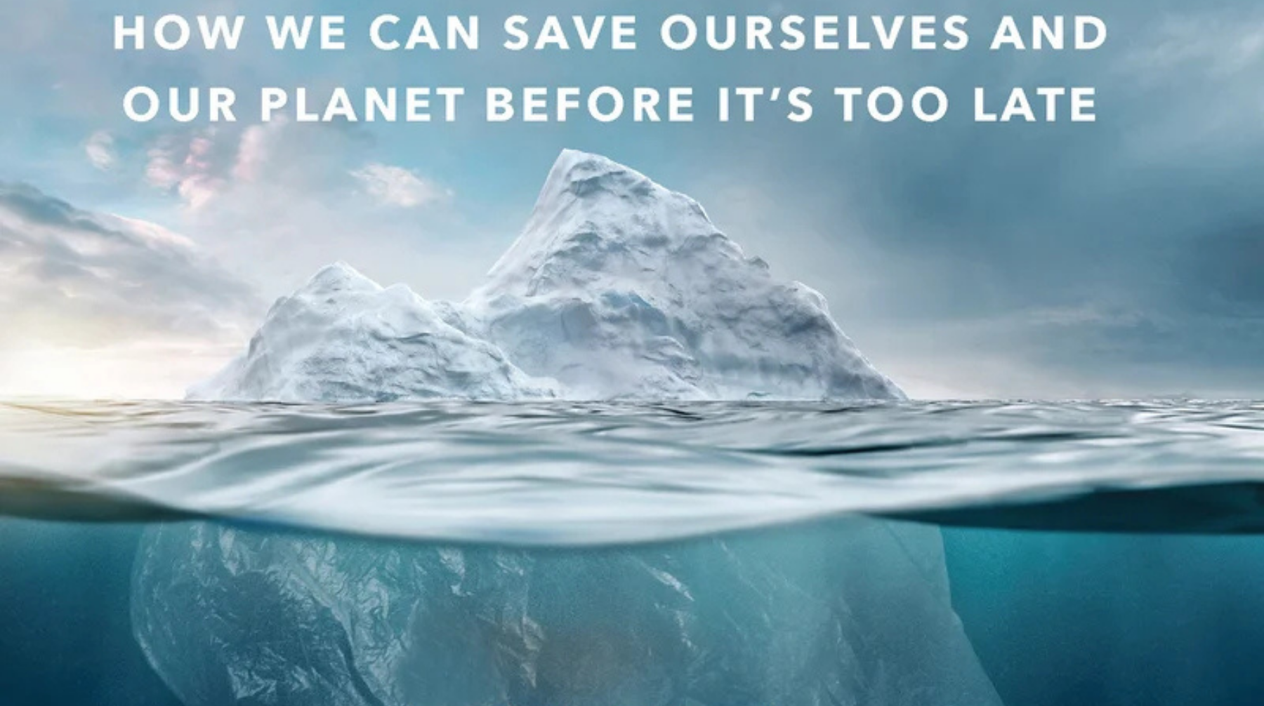 a part of the book cover "The Problem with Plastics" showing the tip of the iceberg above water and the rest of the iceberg is a plastic bag