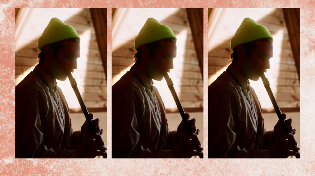 Three images of Abu Zeyn backlit while he plays the clarinet